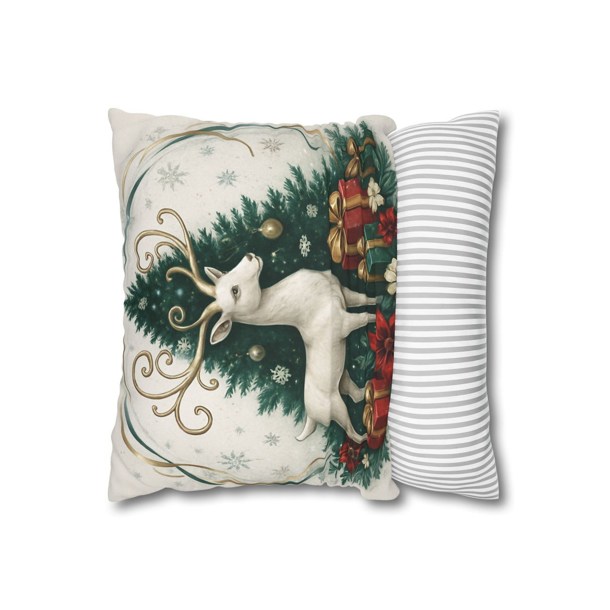 Elegant Christmas Reindeer Pillowcase with muted greens and warm golds, showcasing a reindeer by a Christmas tree, 16" x 16" square throw pillow cover.