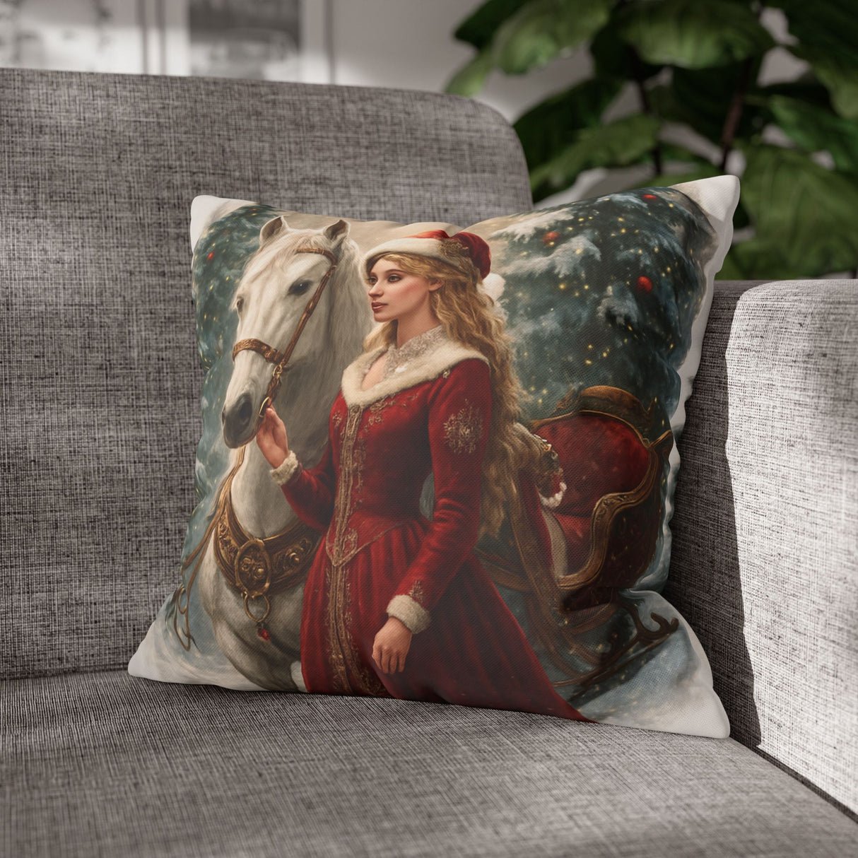 Christmas Horse Pillowcase featuring a Vintage Victorian Girl and White Horse in a snowy scene, perfect for holiday decor.