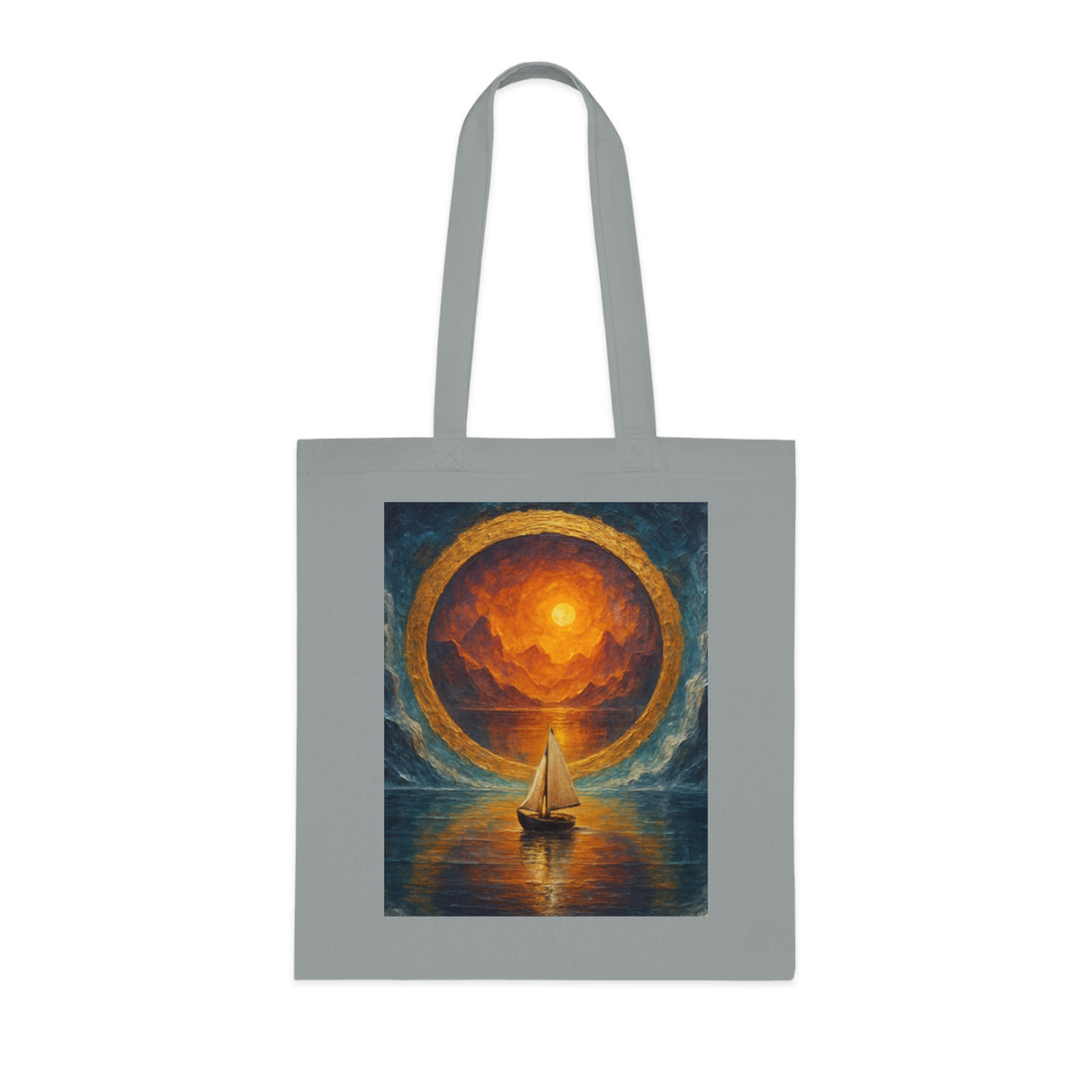 Sailboat Sunset Tote Bag – Displaying the tote’s versatility, perfect for casual outings, featuring a striking sunset background.