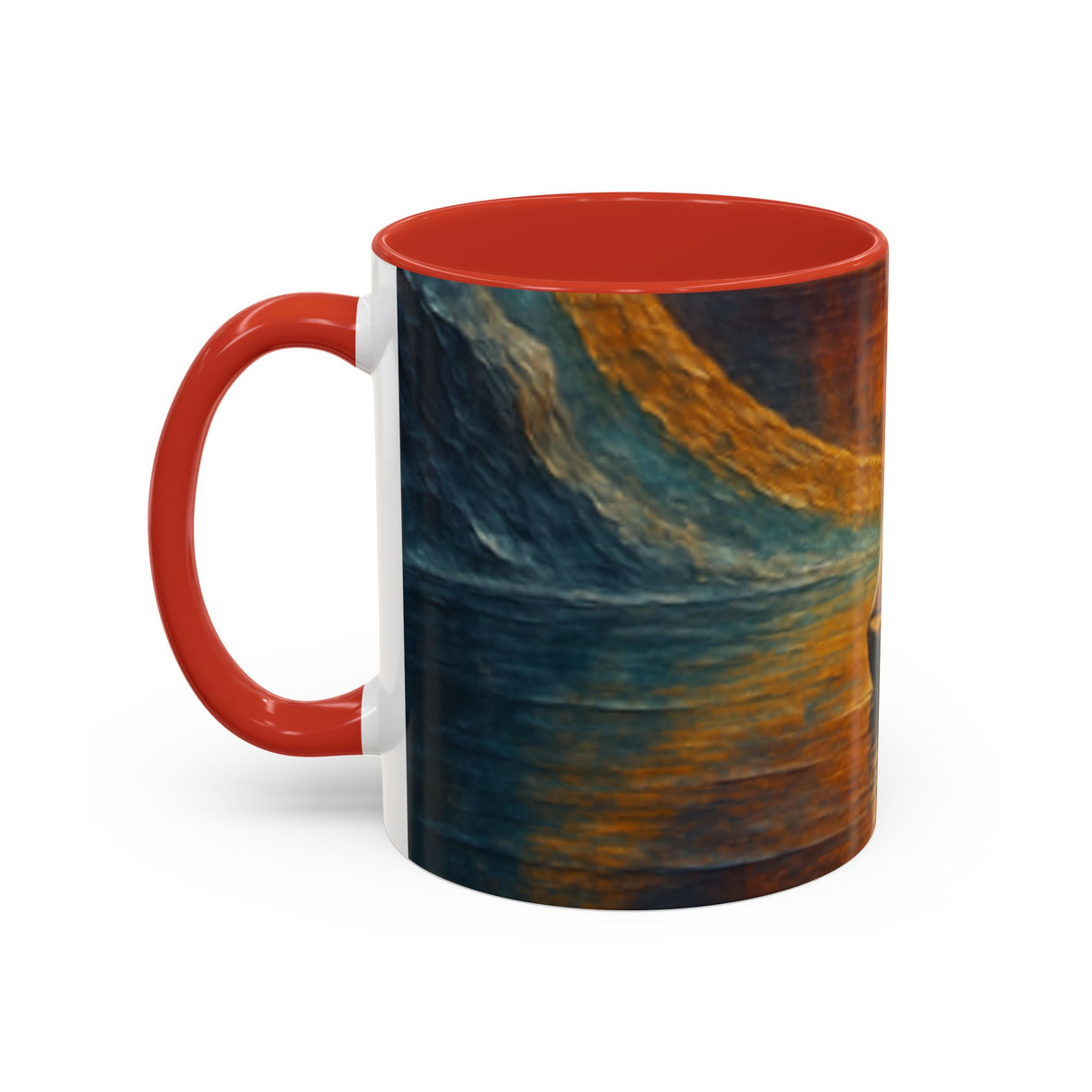 Sail into the Sun Ceramic Coffee Mug depicted in a sunlit room, highlighting its vibrant colors and cafe-style charm.