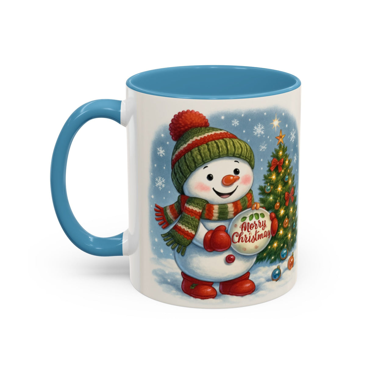 Christmas Snowman Coffee Mug sitting among holiday decorations, spreading joy and cheer.