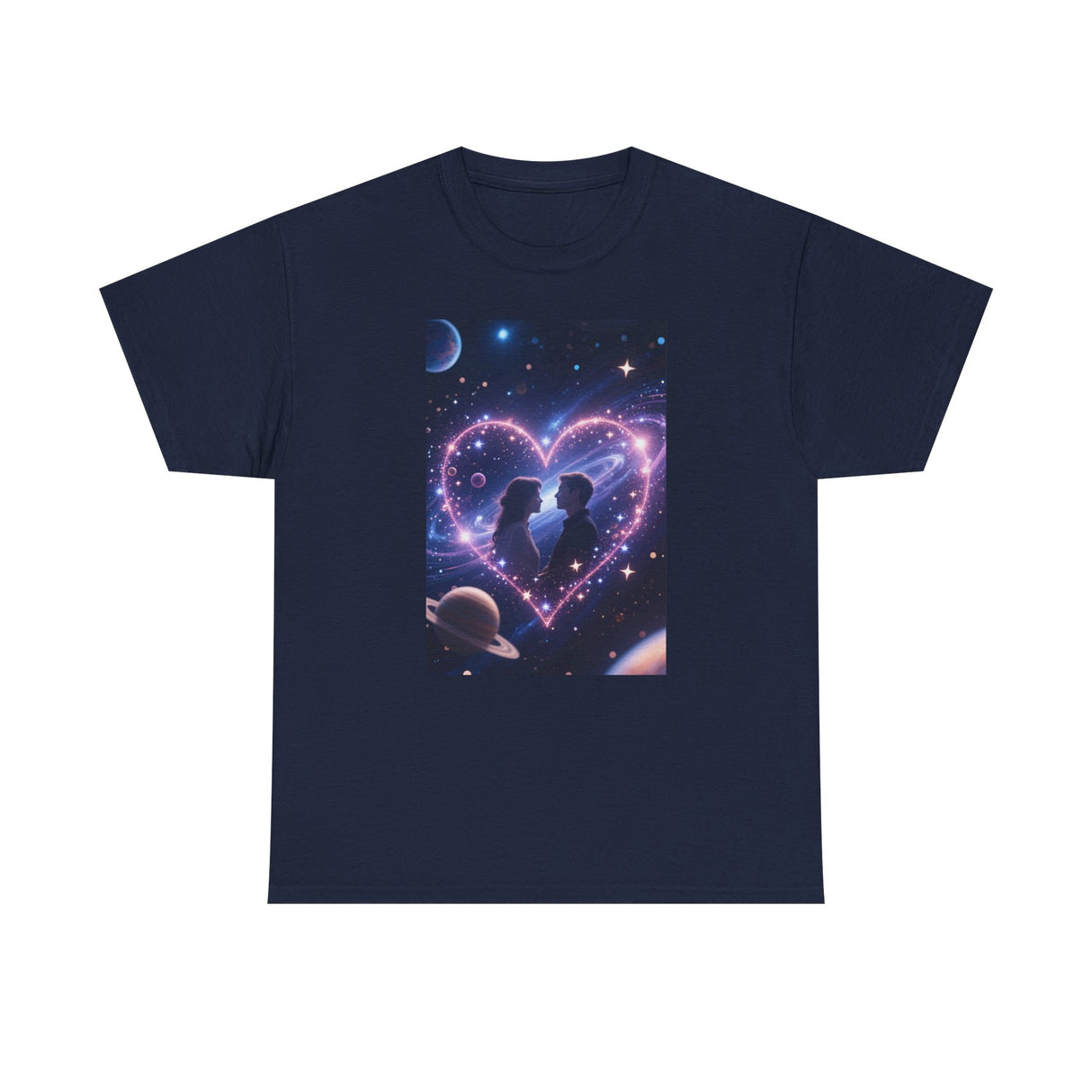 Galaxy Heart Couple T-Shirt promotions showing model wearing during a cozy movie date.