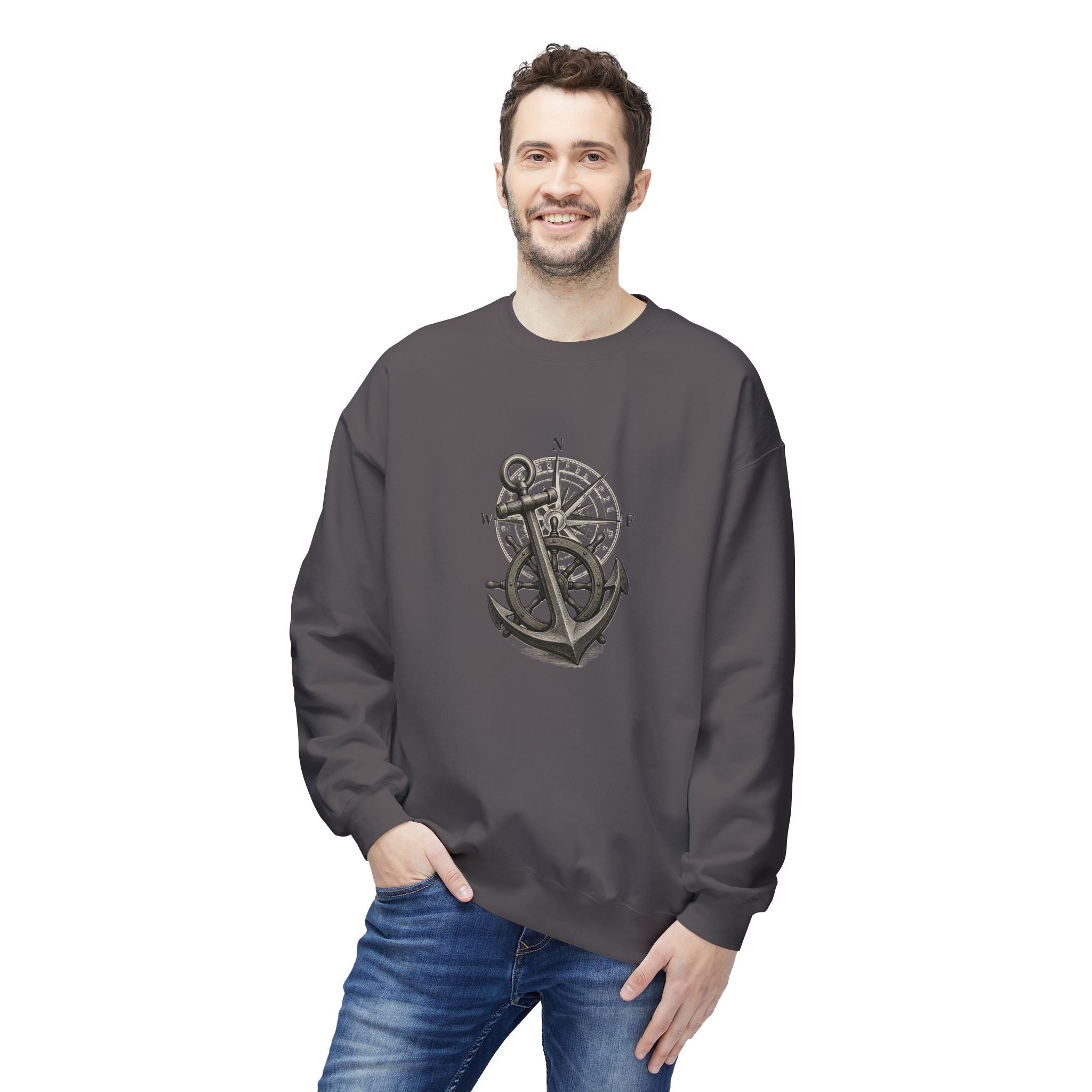 Nautical Anchor & Compass Crewneck Sweatshirt Maritime Emblem US