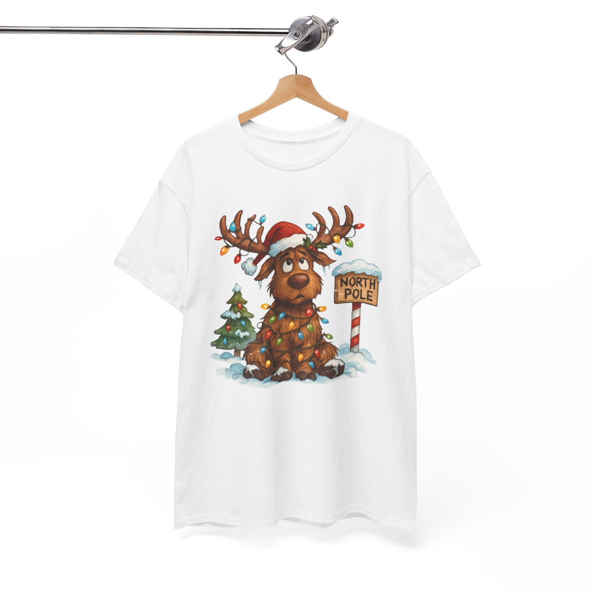 Christmas Reindeer Tee styled with jeans, perfect for cookie-baking duty during the holiday season.
