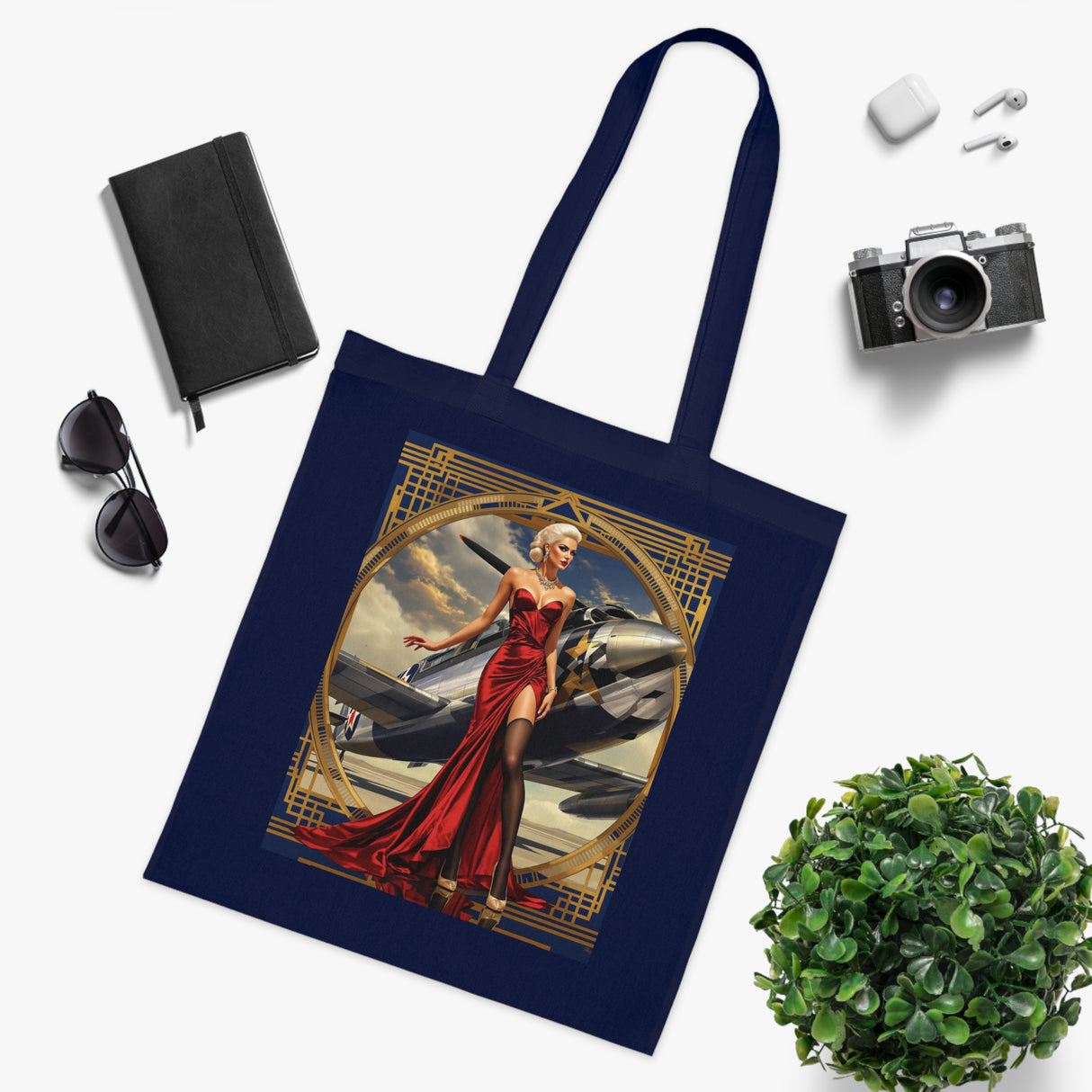 Vintage Pinup Tote Bag displayed among vibrant travel items, highlighting its suitability for stylish adventures.