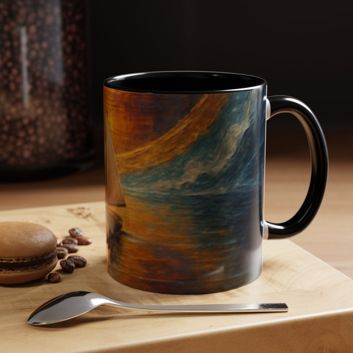 Side view of the Sail into the Sun Ceramic Coffee Mug revealing the deep painterly colors and unique sunset design.