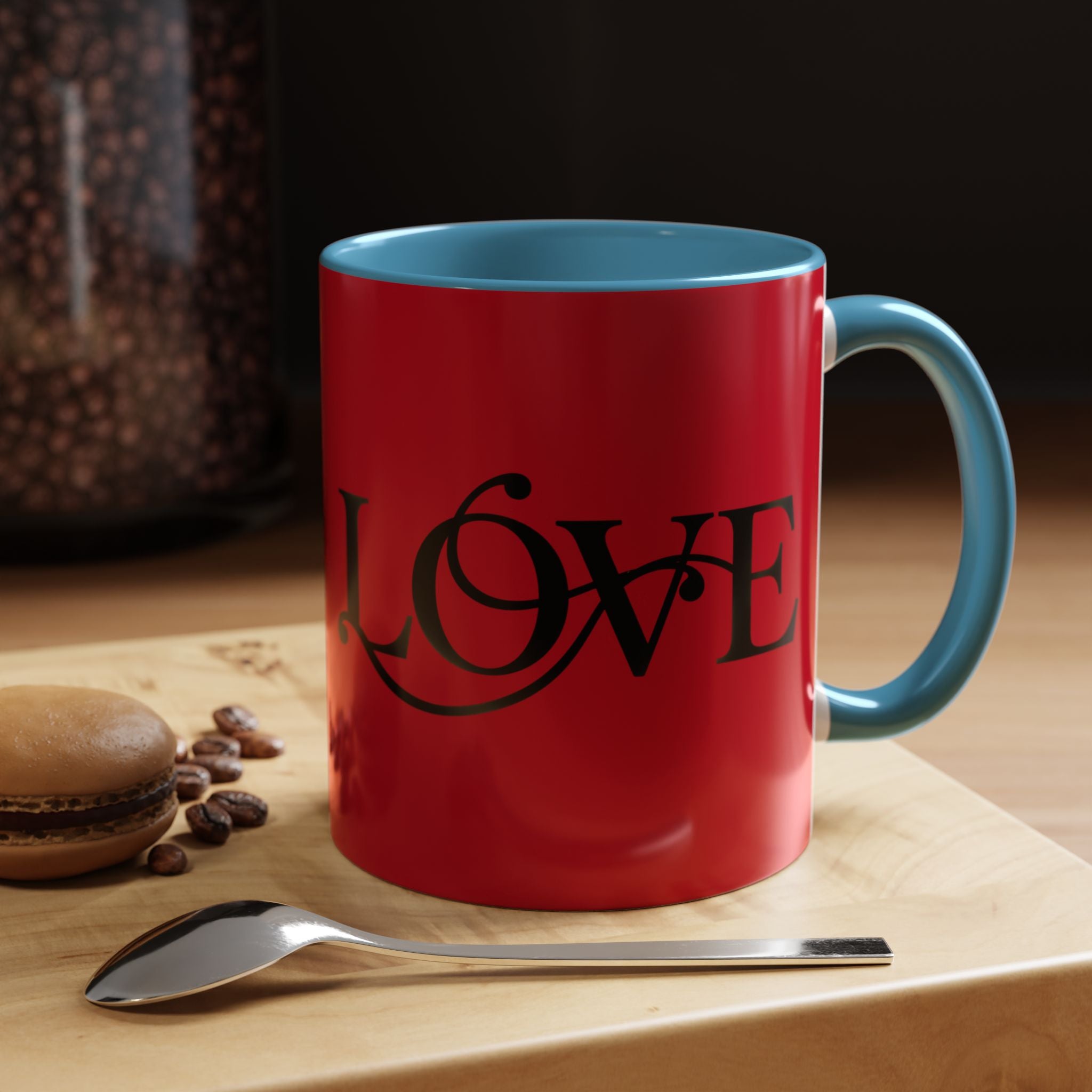 Love Script Accent Coffee Mug — Red & Black Romantic Ceramic Coffee Cup (11oz)