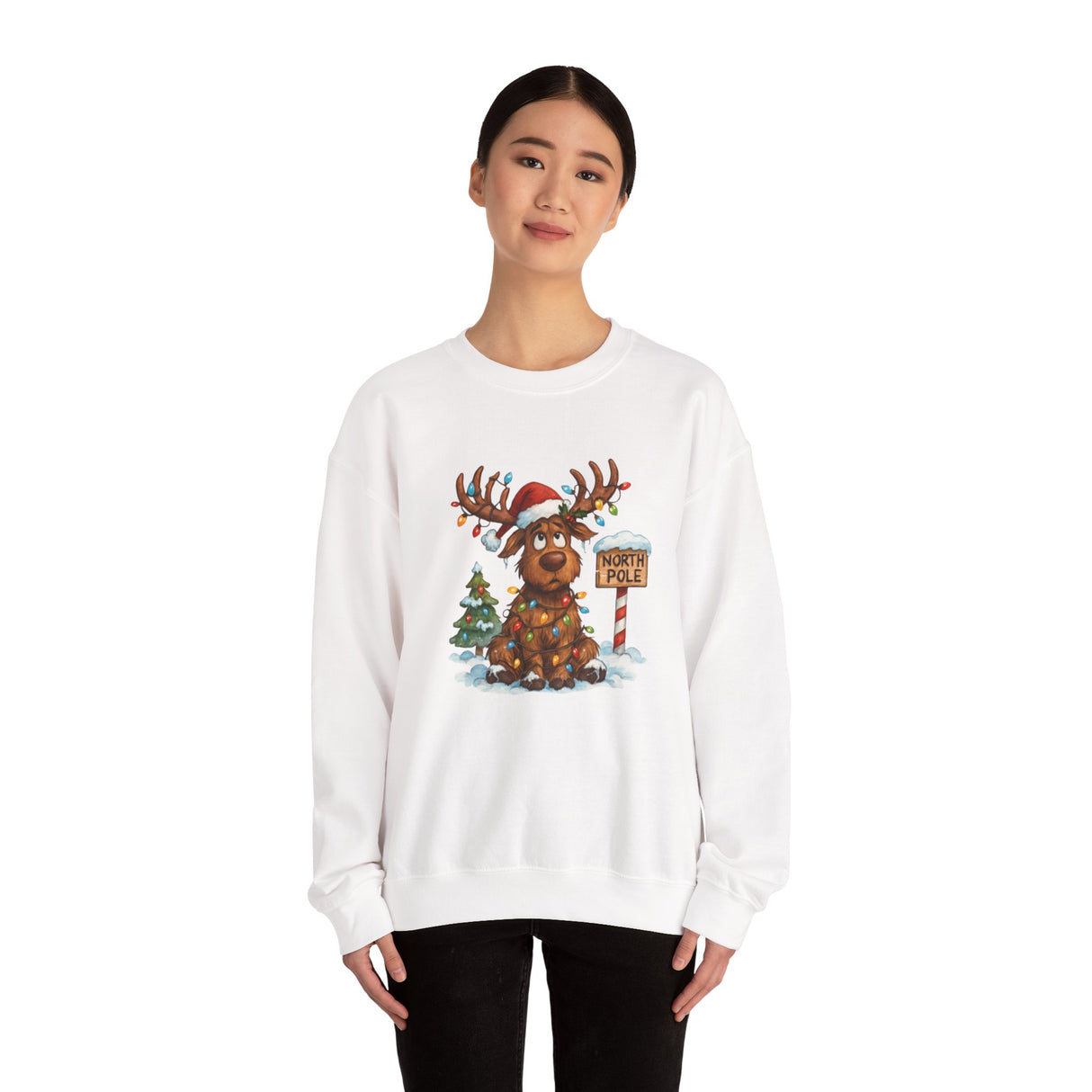 Adorable Christmas Moose Crewneck Sweatshirt featuring a reindeer surrounded by Christmas decorations.
