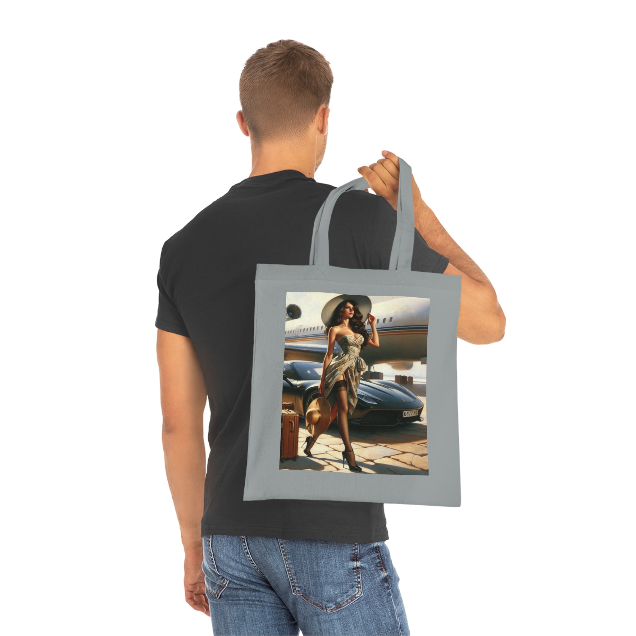 Group of friends using the Chic Travel Cotton Tote Bag during a day out, showcasing its trendy appeal.