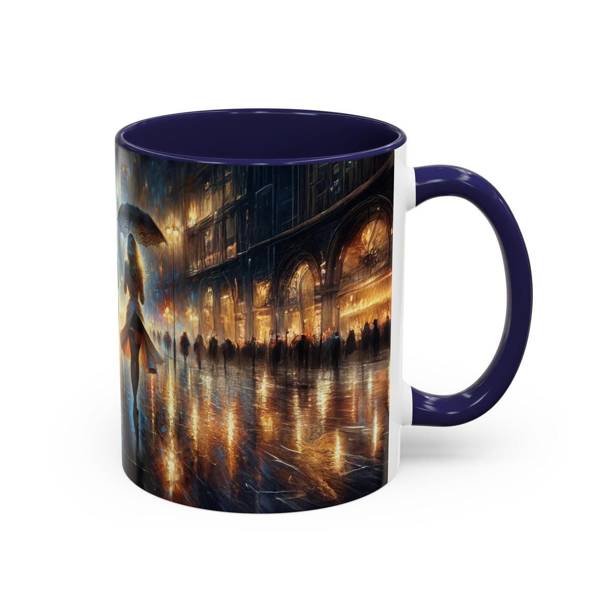 Elegant Nighttime Cityscape Coffee Mug with steam rising from hot coffee, inviting coffee lovers.