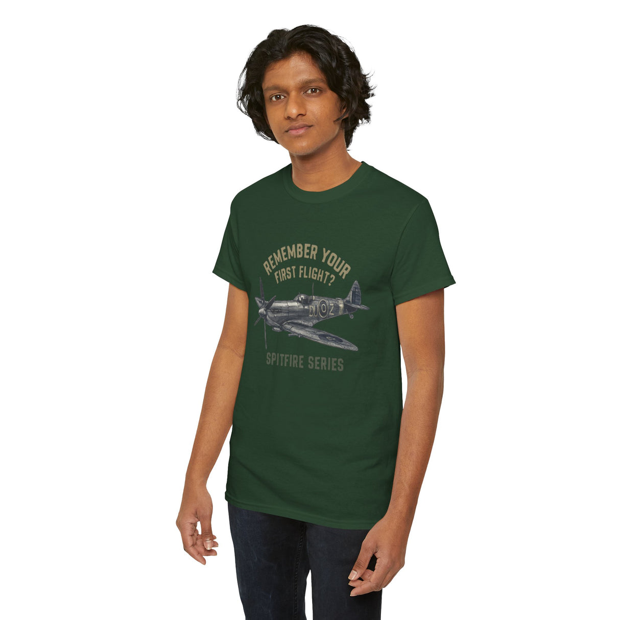 The 'Remember Your First Flight' Tee with a backdrop of aviation art, emphasizing its vintage theme.