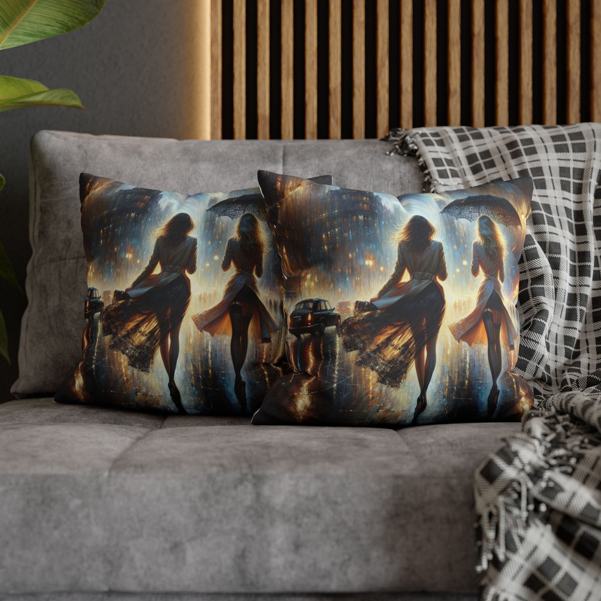 Lifestyle image of a bed with the Rainy Night Stroll Decorative Pillowcase, soft pillow with vibrant print that enhances bedroom decor, 16" × 16".