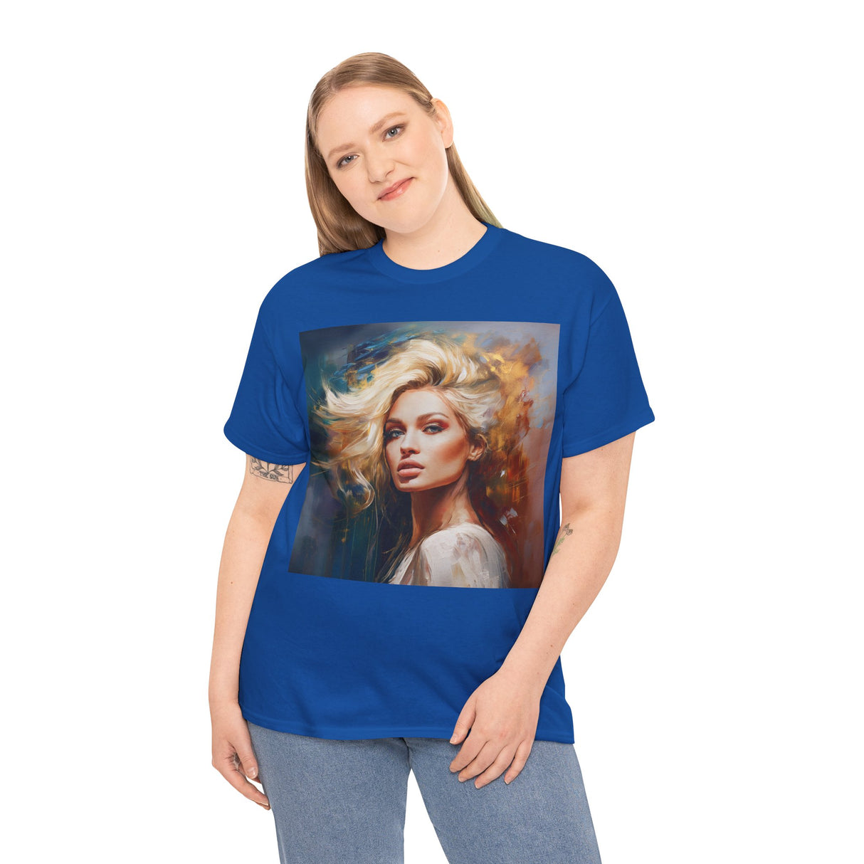 High-quality print detail of the blonde woman on the Portrait Art T-Shirt.