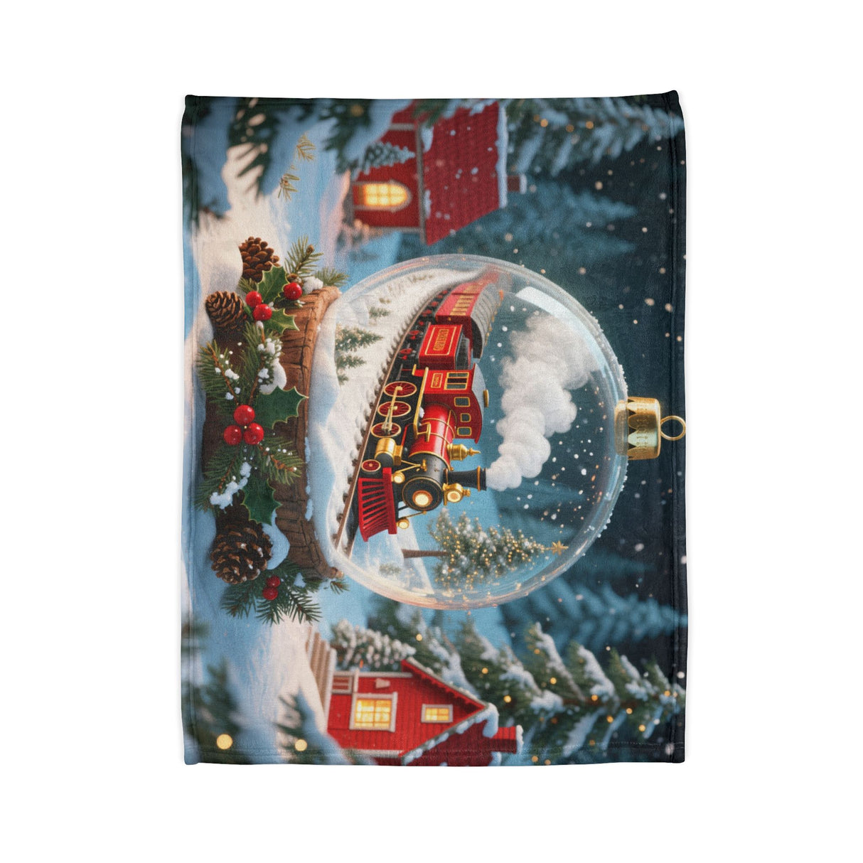 A cozy setting with the Christmas Train Snow Globe Blanket folded at the foot of a bed, adding a vintage holiday charm.