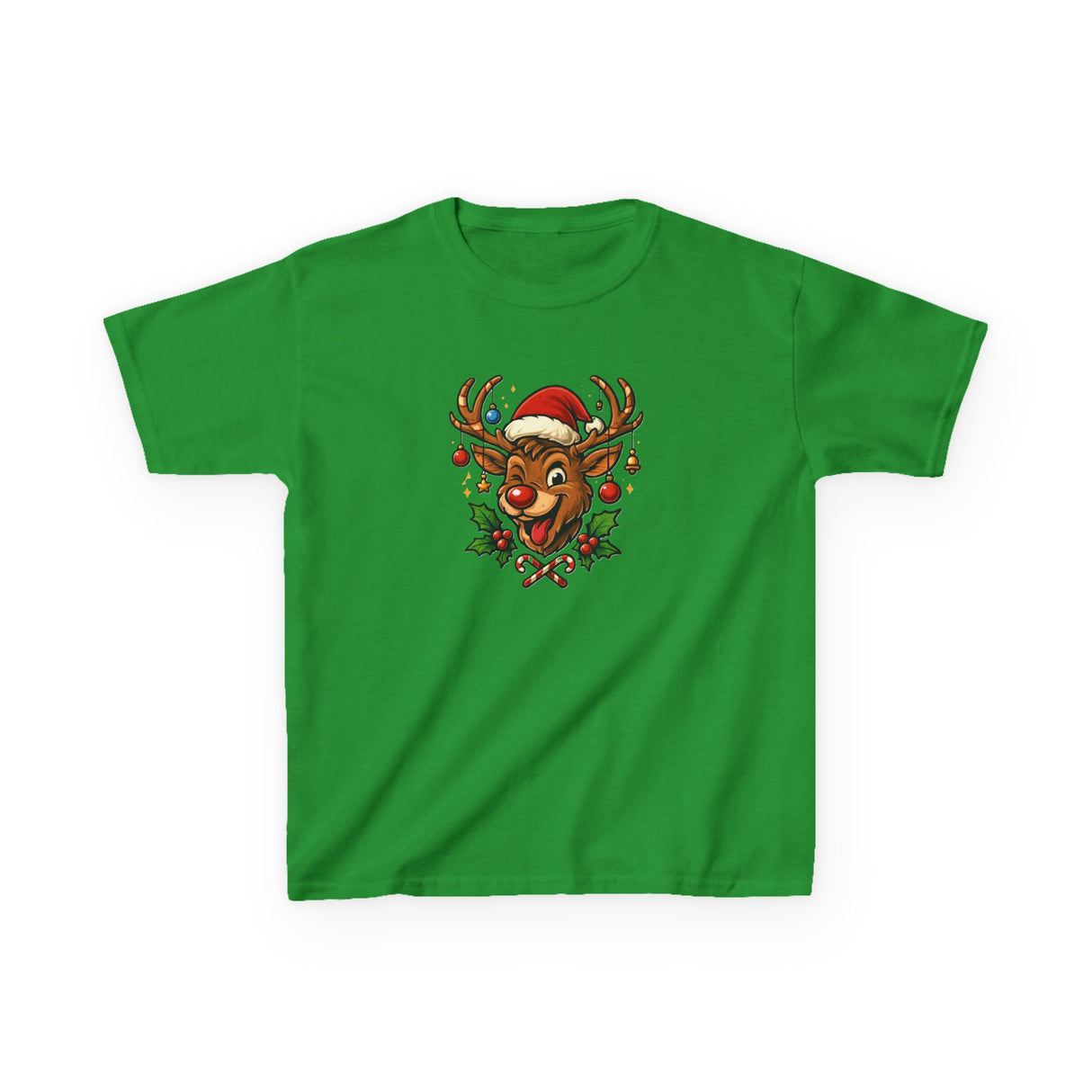 Kids Christmas Reindeer Tee — Cute Santa Hat Rudolph Holiday Shirt laid flat to show off its vibrant graphics.