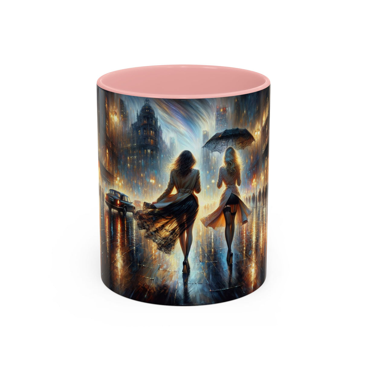 Elegant Nighttime Cityscape Coffee Mug filled with coffee, highlighting its functionality.