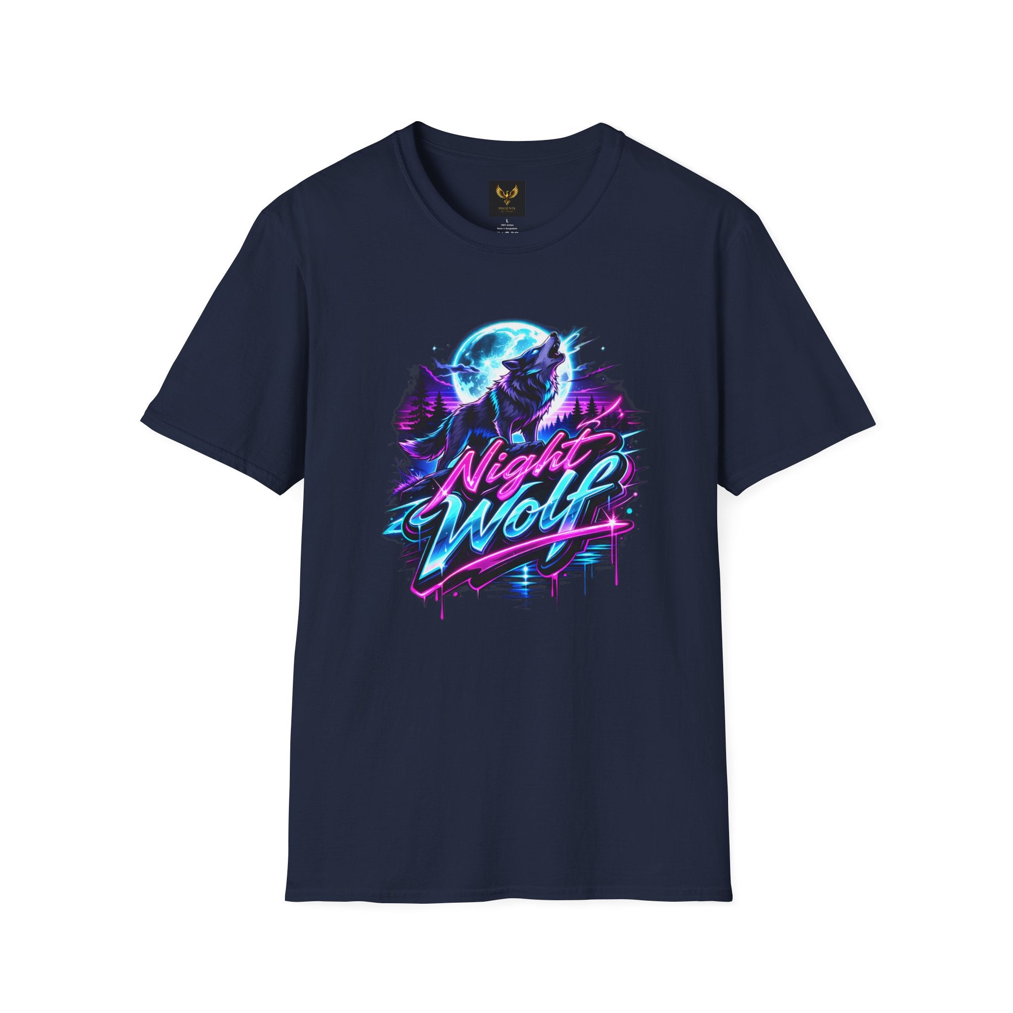 Night Wolf T-Shirt Retro Neon Wolf Graphic Tee Dark blue