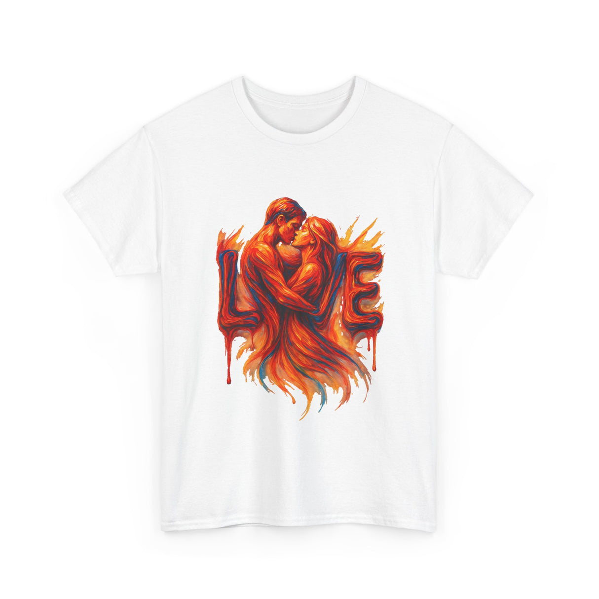 Zoomed-in detail of the fabric of the Love Flames Graphic Tee — Fiery Embrace Romantic Couple T-Shirt, highlighting its softness.