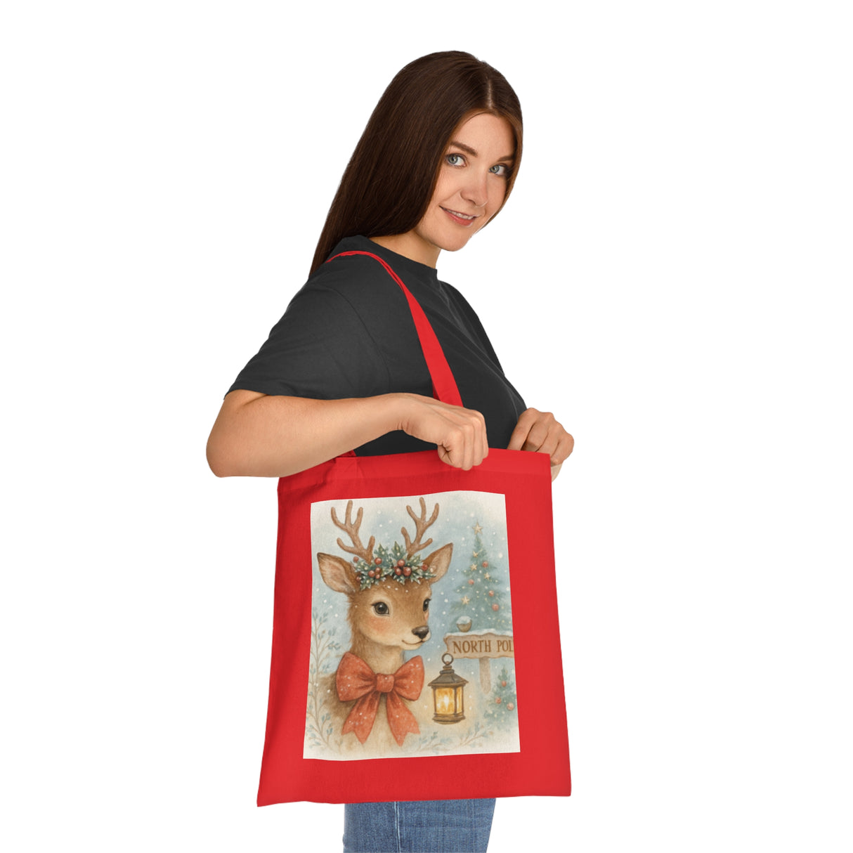 Christmas Reindeer Tote Bag featuring a reindeer portrait, perfect for holiday adventures and markets.