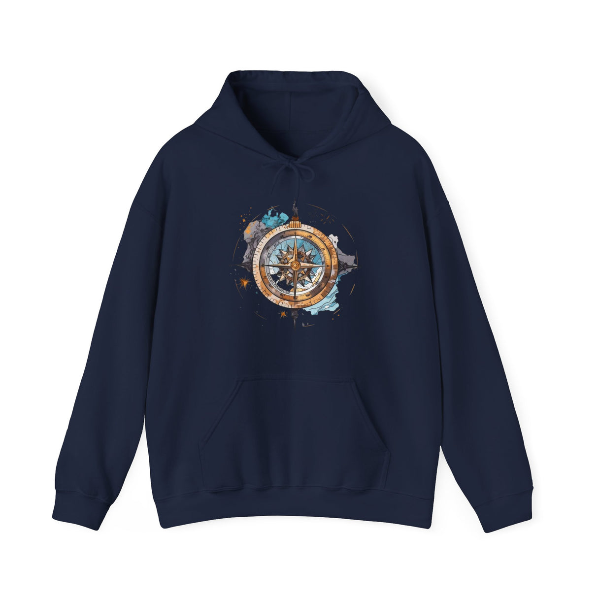 The Compass Rose Hoodie displayed on a wooden background, emphasizing its adventurous spirit.