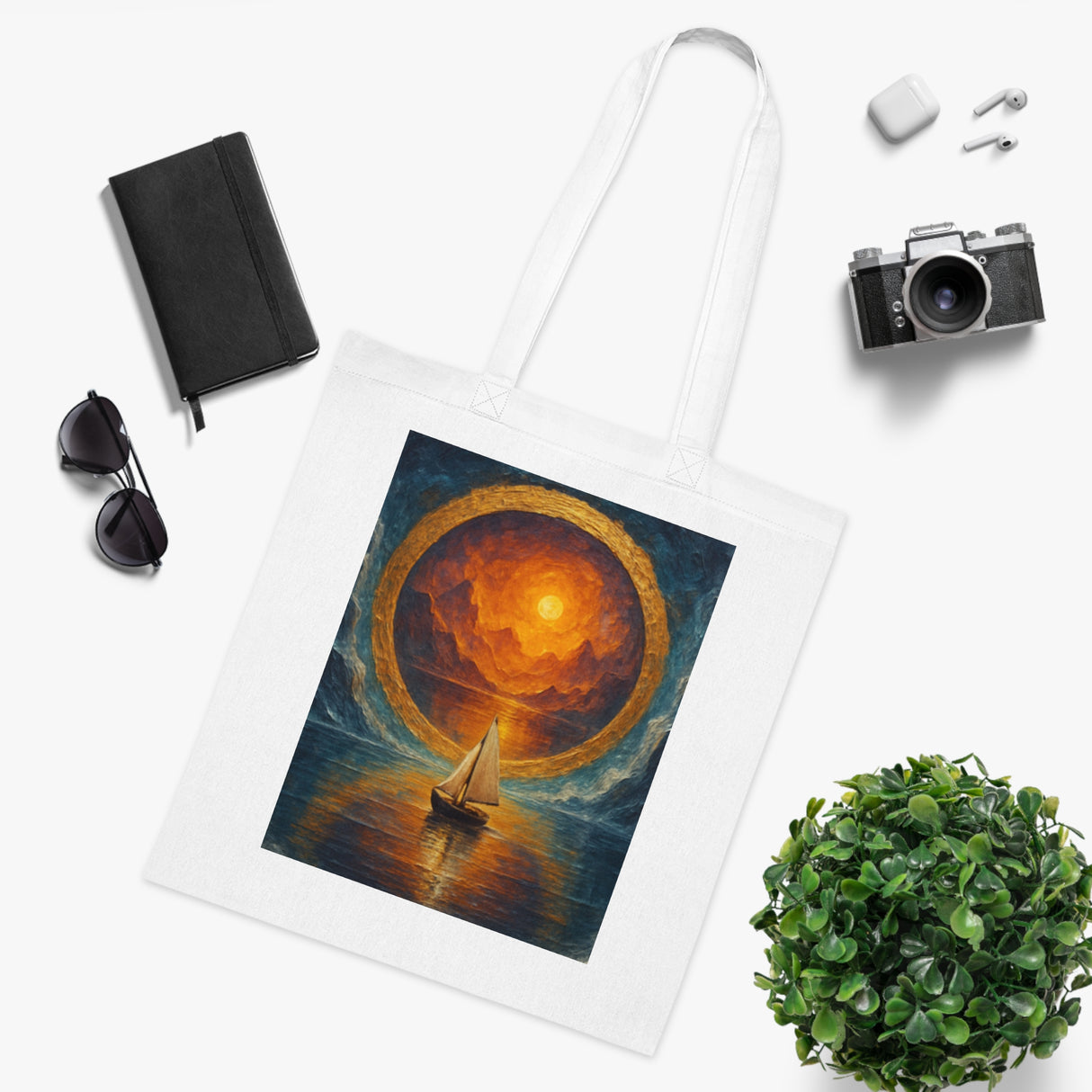 Sailboat Sunset Tote Bag – Flat-lay image highlighting its lightweight design and colorful sunset sail motif.