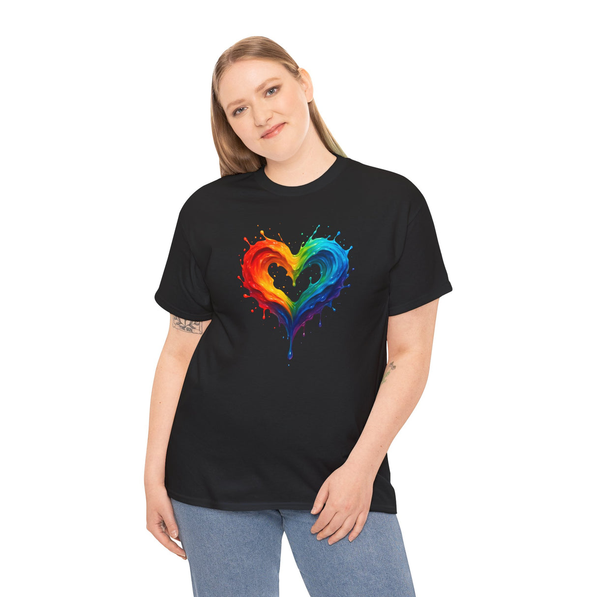 A group of friends wearing the Rainbow Drip Heart T-Shirt in a casual setting, exemplifying friendship and unity.