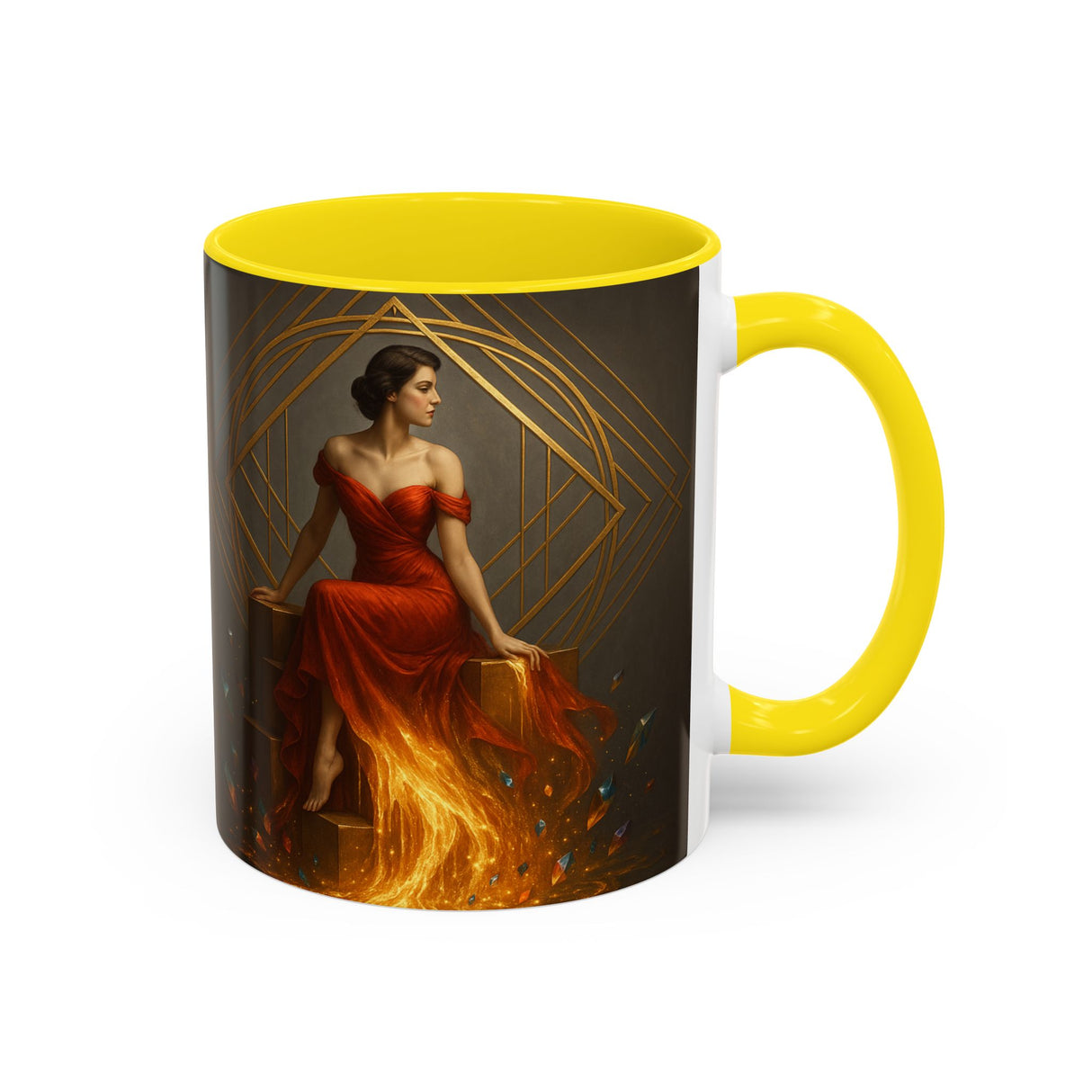 Fiery Goddess Accent Coffee Mug showcasing its detailed design and high-quality print.