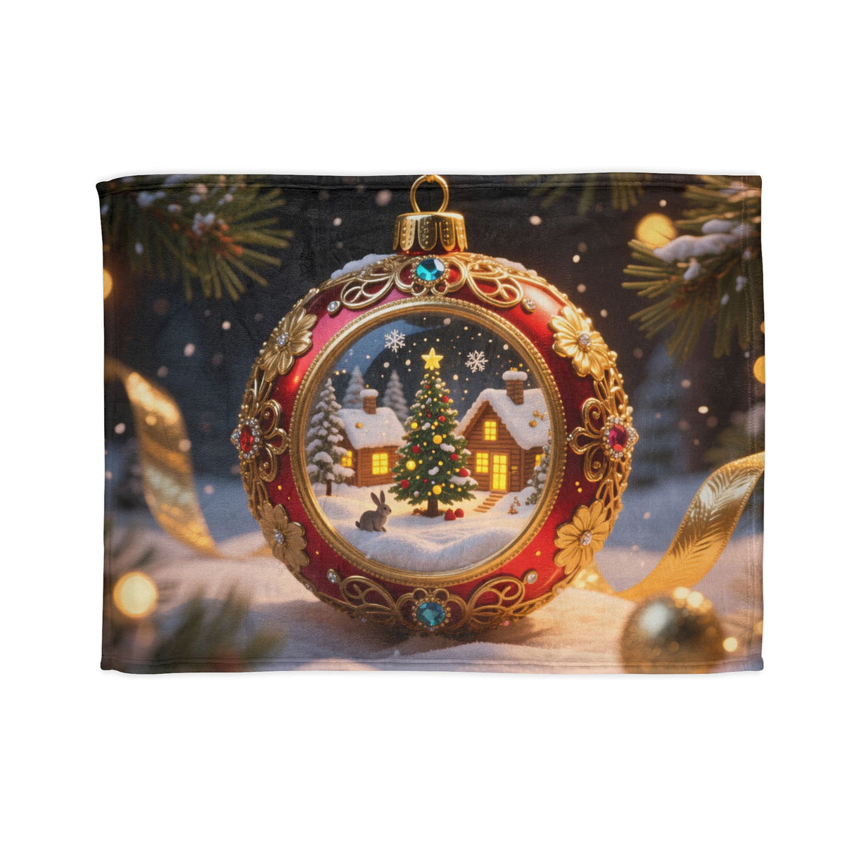 Christmas Ornament Holiday Blanket — Cozy Festive Throw featuring a snowy village design with twinkling tree lights.