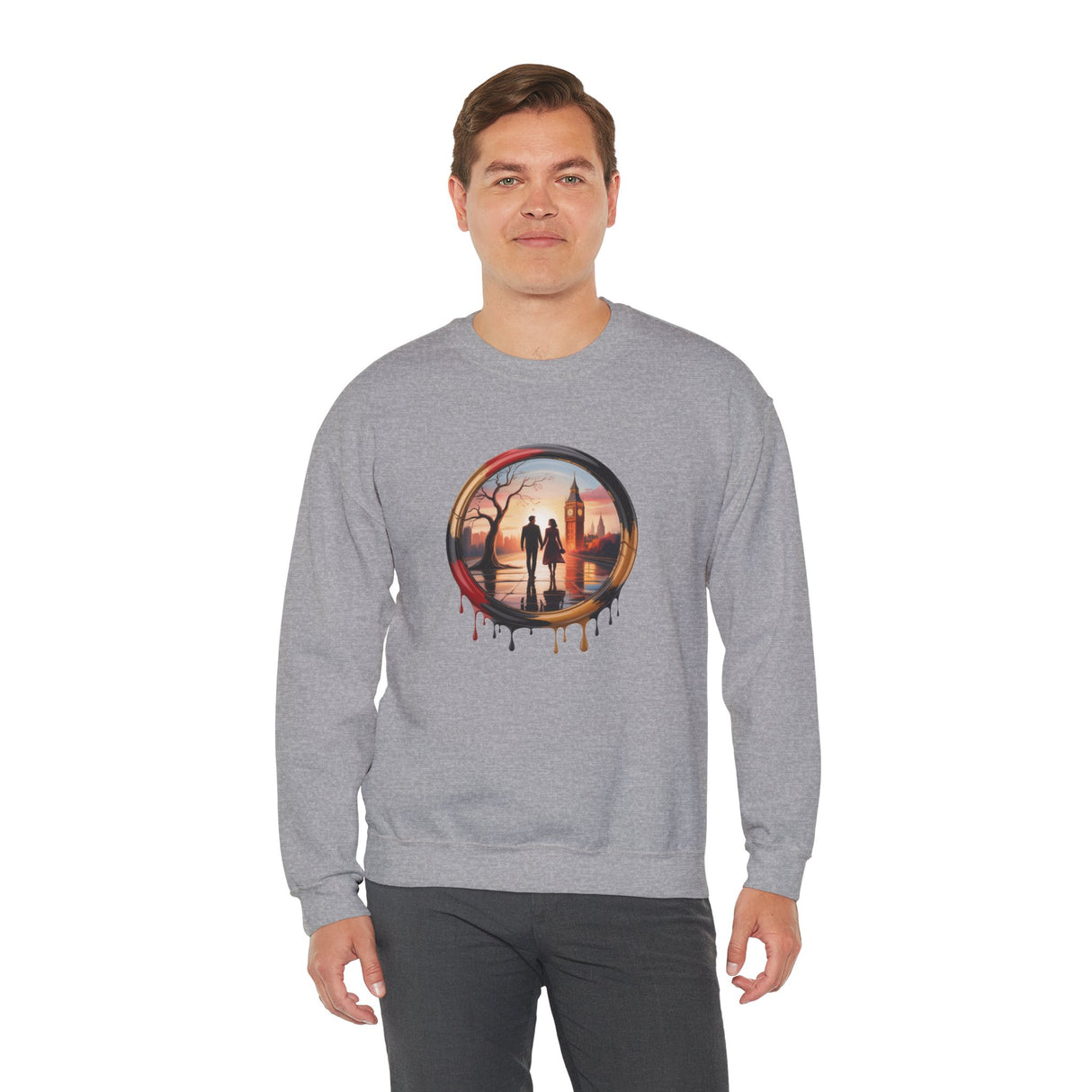 Casual style shot of Sweatshirt Men - Sunset Couple Silhouette in Dripping Circle on a city street.