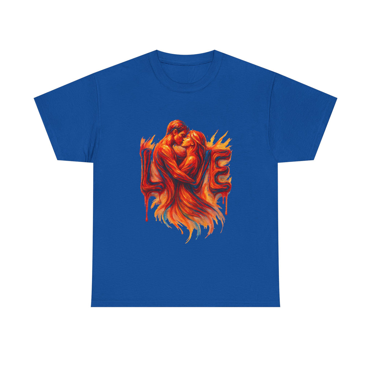 Side view of the Love Flames Graphic Tee — Fiery Embrace Romantic Couple T-Shirt highlighting the shoulder tape for seam stability.