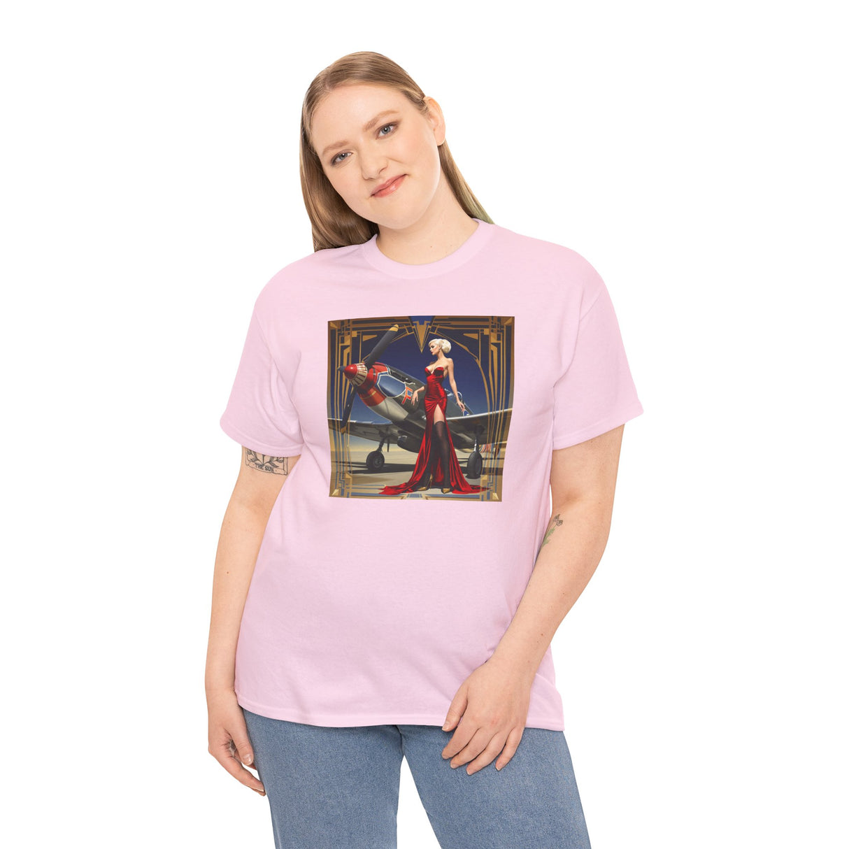 Group of friends wearing the Art Deco Aviatrix Tee at an outdoor event, displaying vintage fashion.