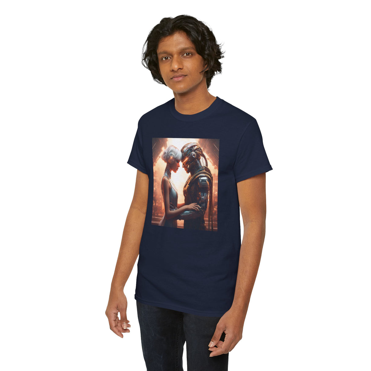 Romantic Sci-Fi Couple Tee — Futistic Lovers Graphic T-Shirt showcasing a stylish, nostalgic design fit for any sci-fi lover.