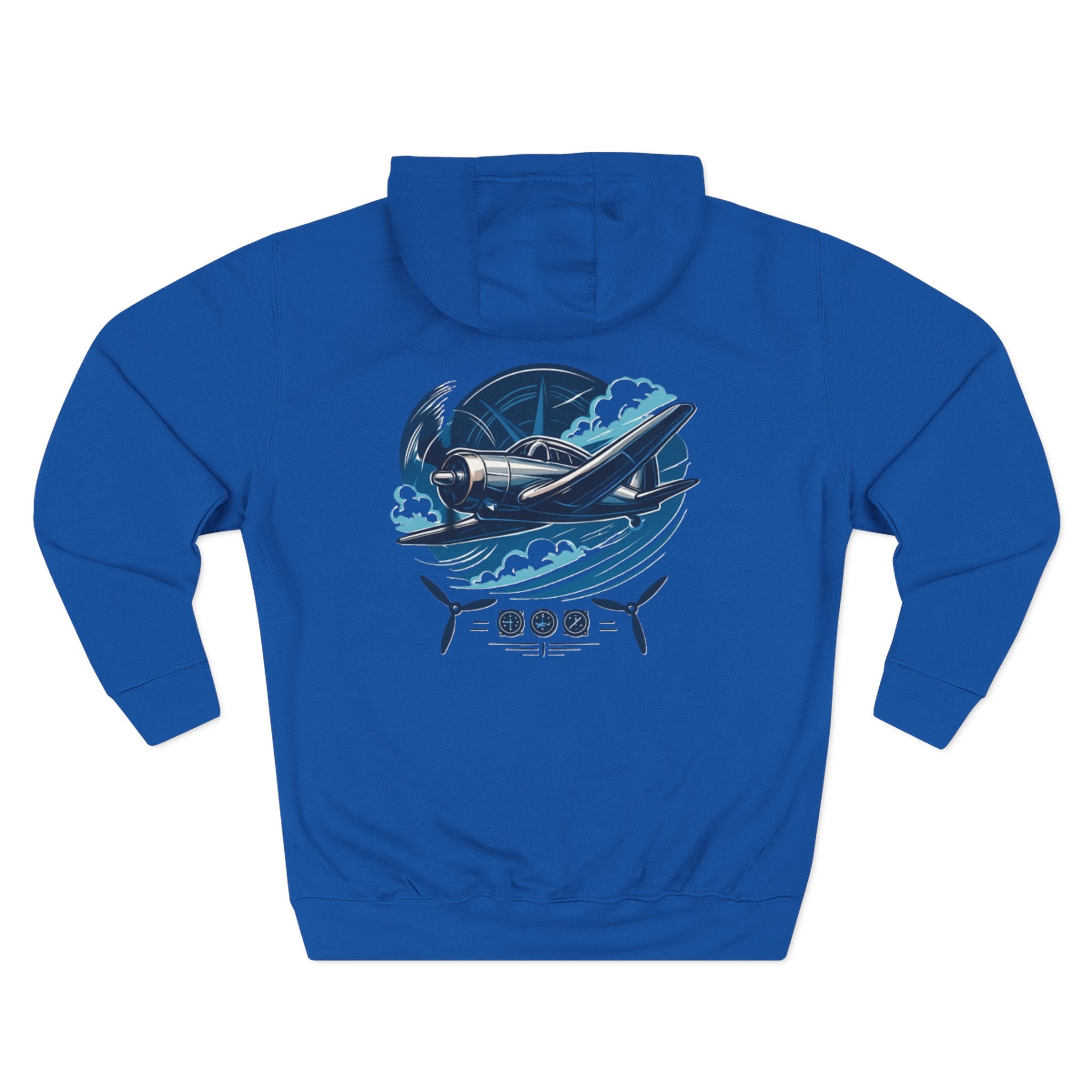 Aviator Three-Panel Hoodie featuring a vintage airplane flight graphic on soft fleece fabric.