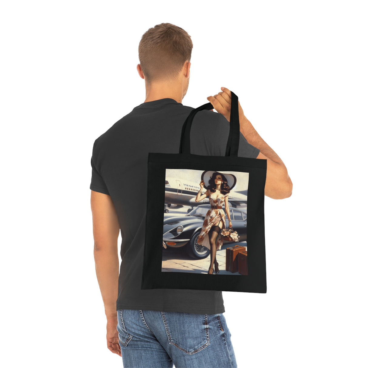 Eco-friendly Vintage Jetsetter Cotton Tote Bag featuring retro travel design, perfect for stylish trips.