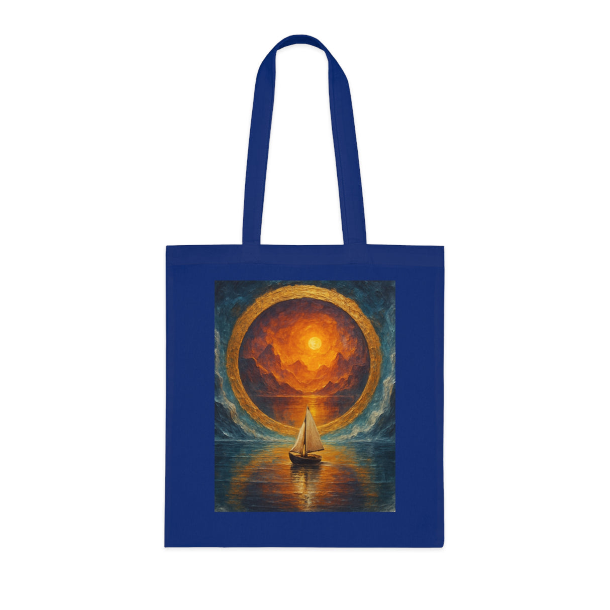 Sailboat Sunset Tote Bag – Lifestyle shot showing the tote’s artistic sunset design while being carried, evoking summer vibes.