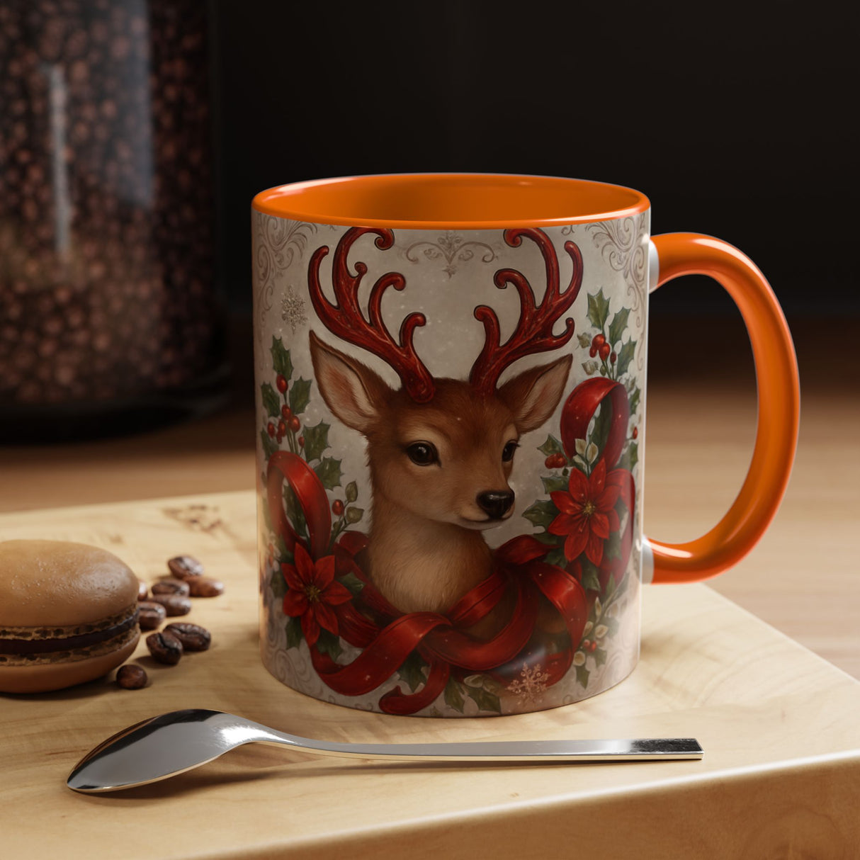 Christmas Reindeer Coffee Mug showcasing its C-shaped handle, suitable for comfortable sipping.