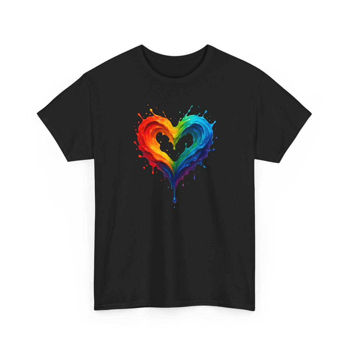 Flat surface view of Rainbow Drip Heart T-Shirt with natural lighting, showcasing its colors vividly.