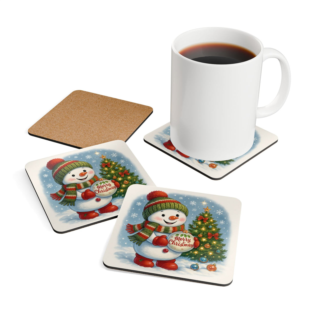 Four-piece Christmas Snowman Cork Coaster Set displayed together, ideal for bringing holiday cheer to your coffee table.
