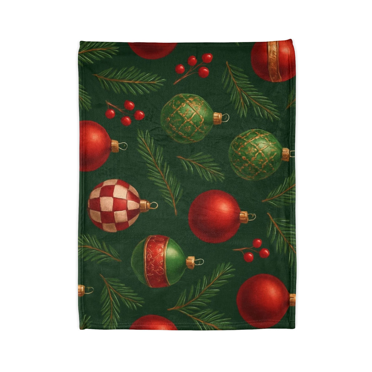 The Christmas ornament holiday blanket displayed on a bed, featuring rich green and red colors that capture the spirit of the holidays.