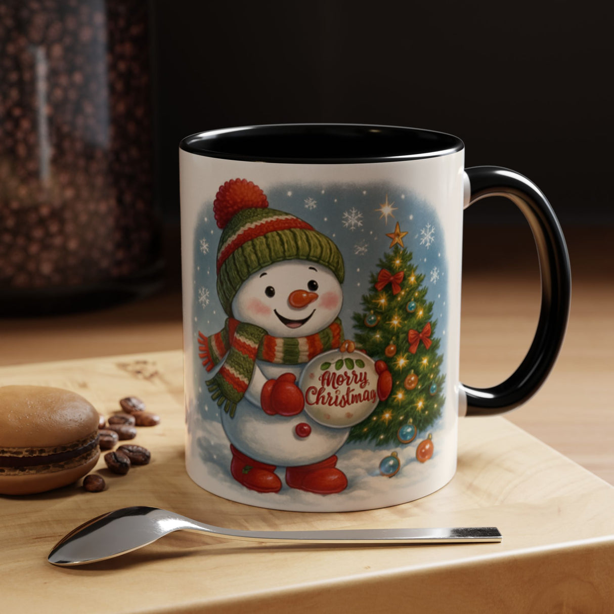 Christmas Snowman Coffee Mug with a black interior, showcasing the colorful snowman and Christmas tree design.