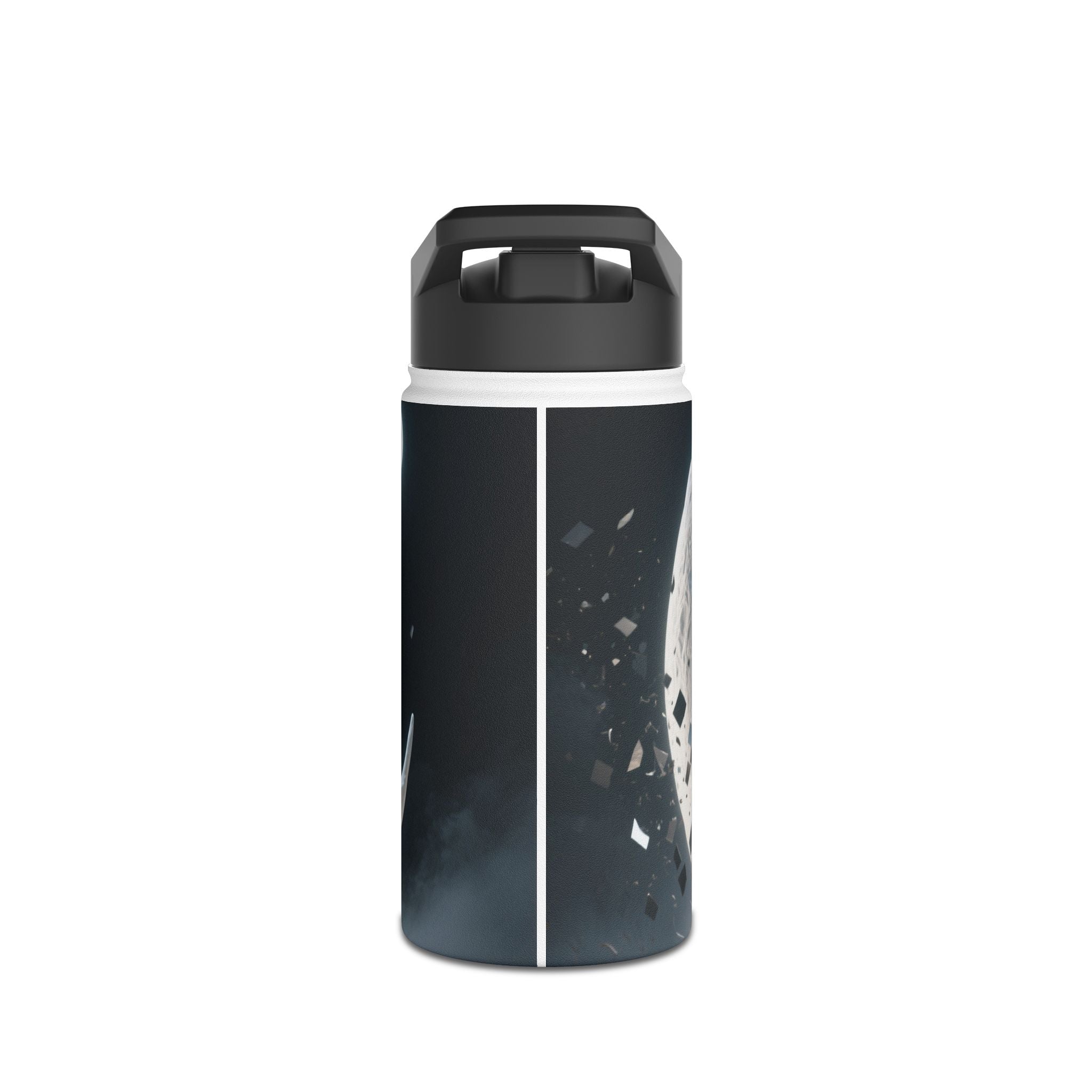 Close-up of the secure twist-on lid of the Sunset Cove Stainless Steel Water Bottle with tropical landscape artwork.