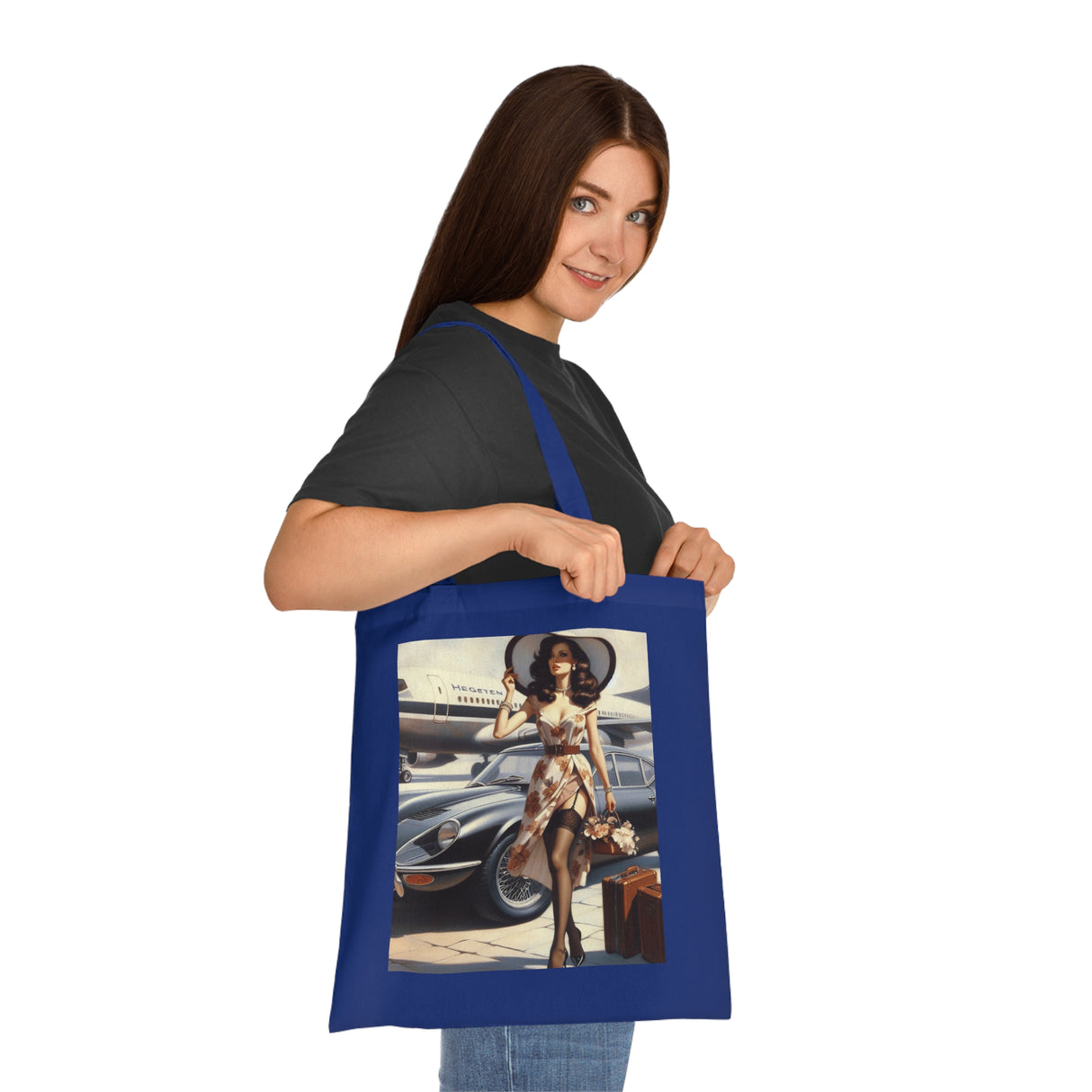 Detailed view of the Vintage Jetsetter Cotton Tote Bag's vibrant print, showcasing its artistic design.