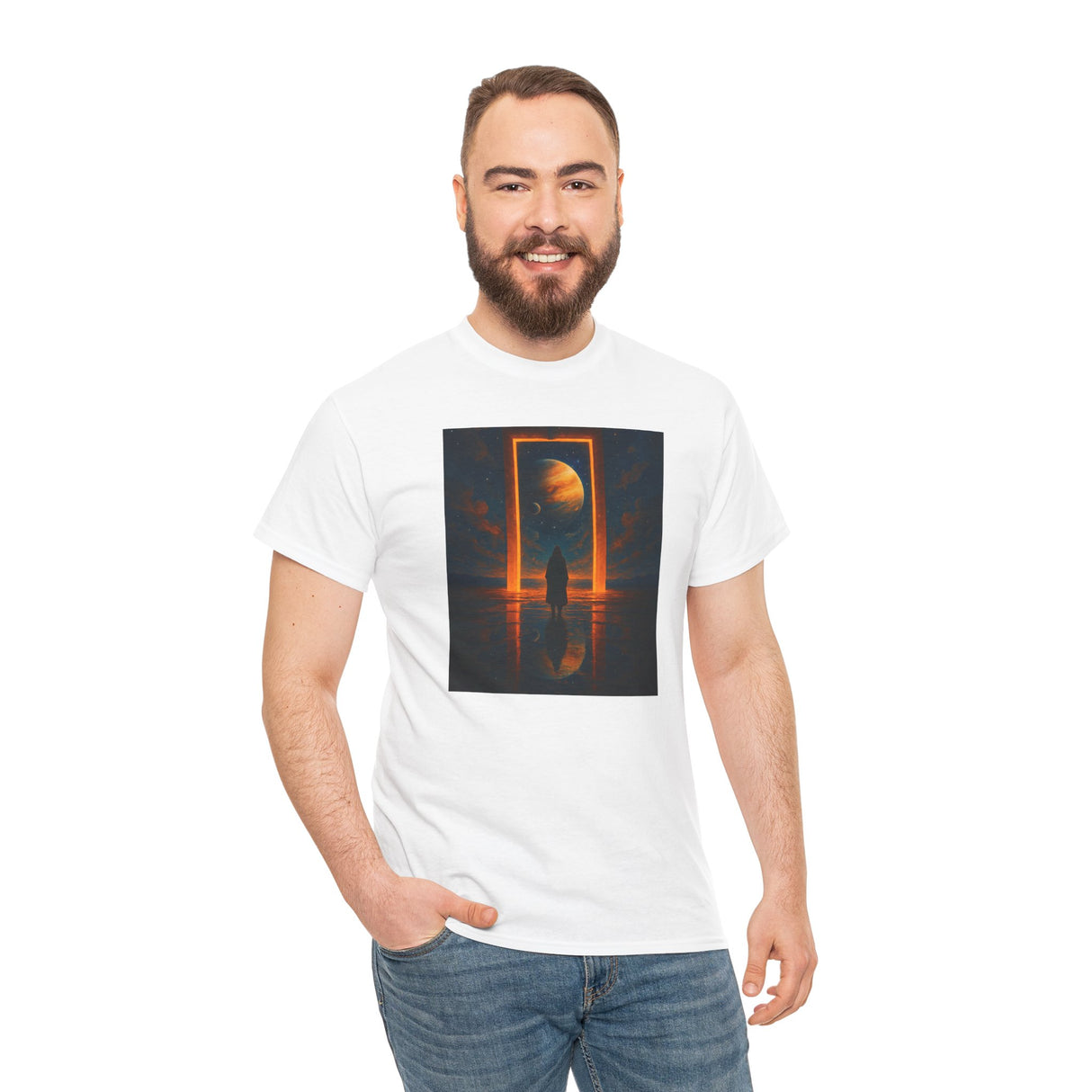 Surreal Portal Moon Tee styled with a jacket, ideal for layering during chilly evenings.