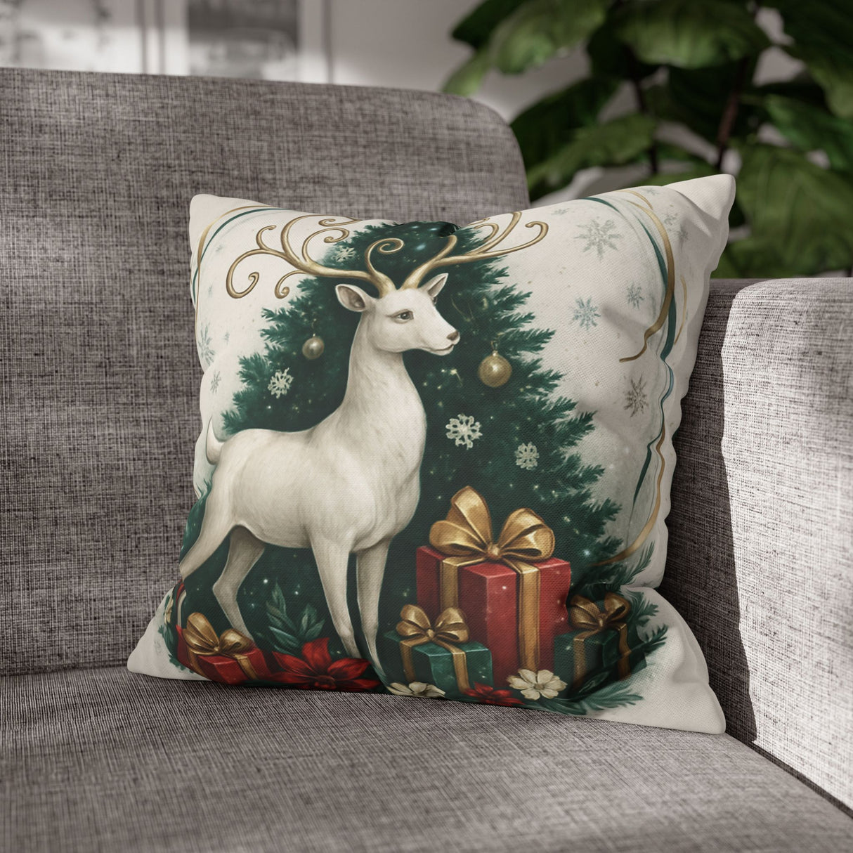Christmas Reindeer Pillowcase featuring a vintage-style design with a serene white deer and decorated Christmas tree, perfect for holiday decor.