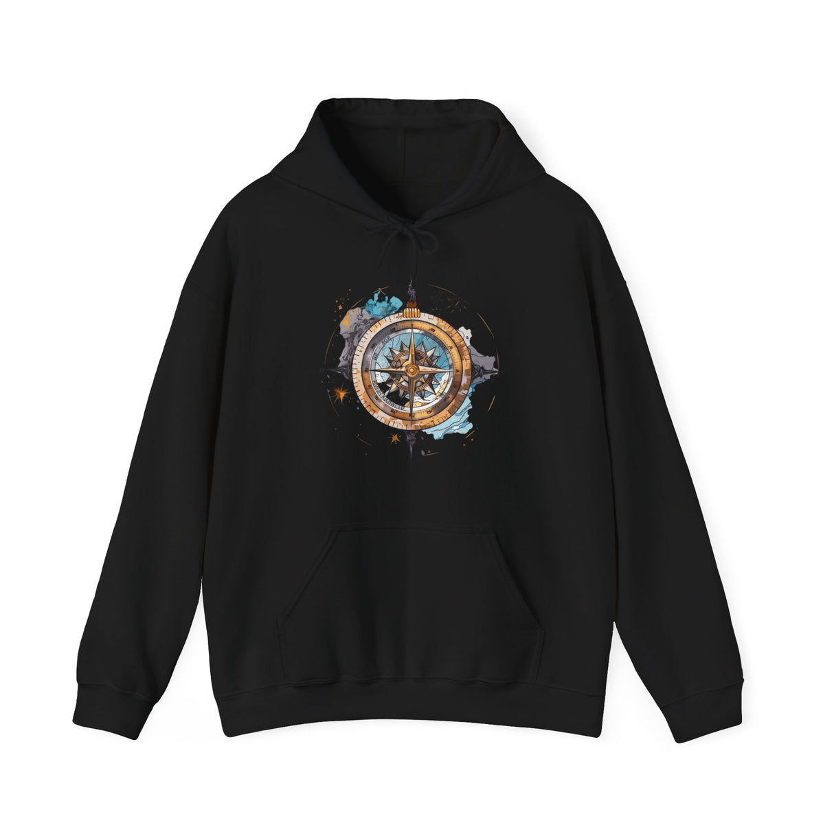 Flat lay of the Compass Rose Hoodie showing its smooth print surface and cozy texture.