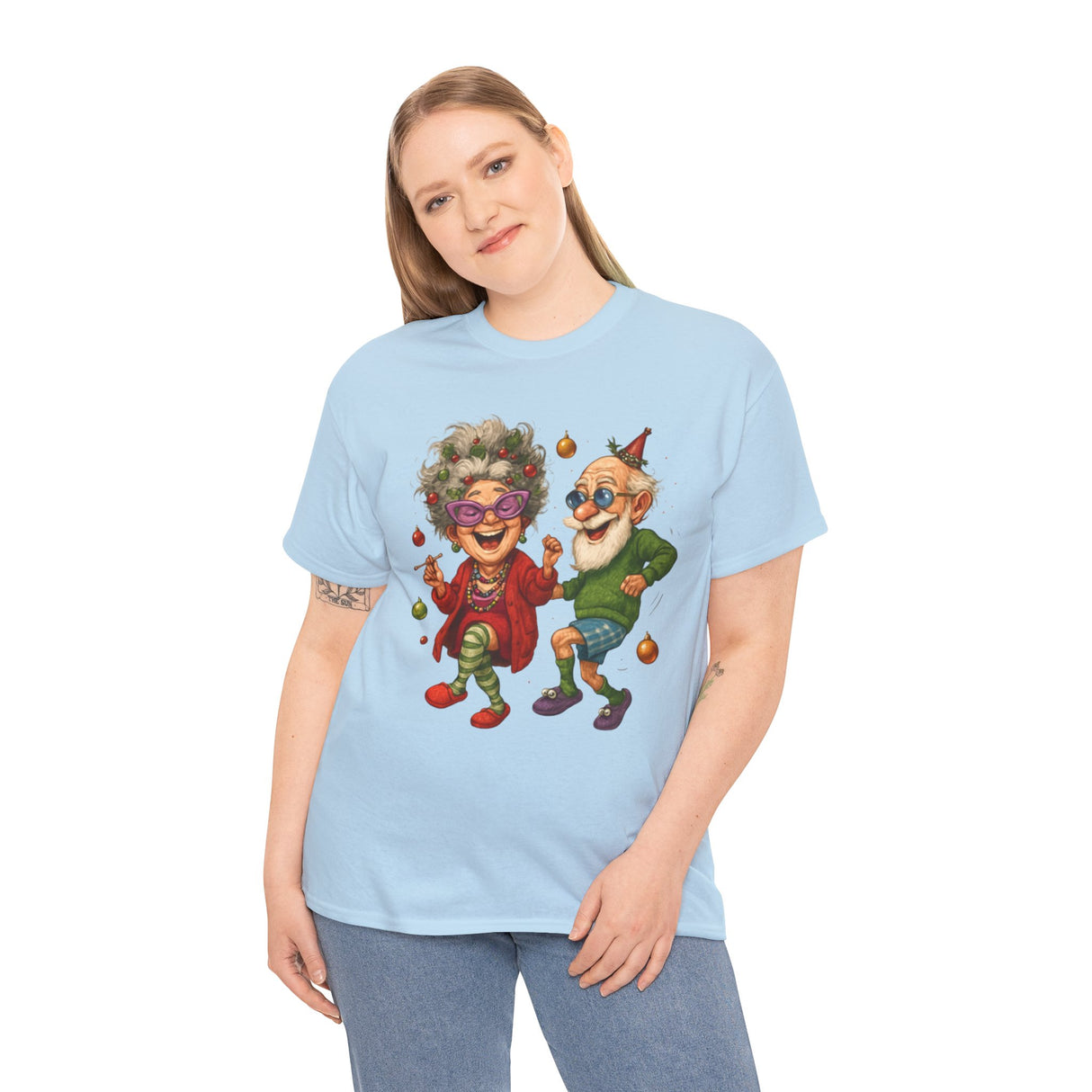 Dancing Seniors Illustration T‑Shirt displaying a colorful, humorous scene of an elderly couple.