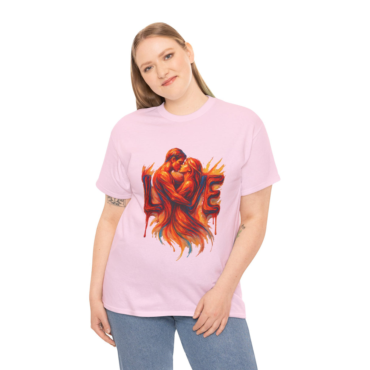 The Love Flames Graphic Tee — Fiery Embrace Romantic Couple T-Shirt displayed in a retail setting, inviting buyers.