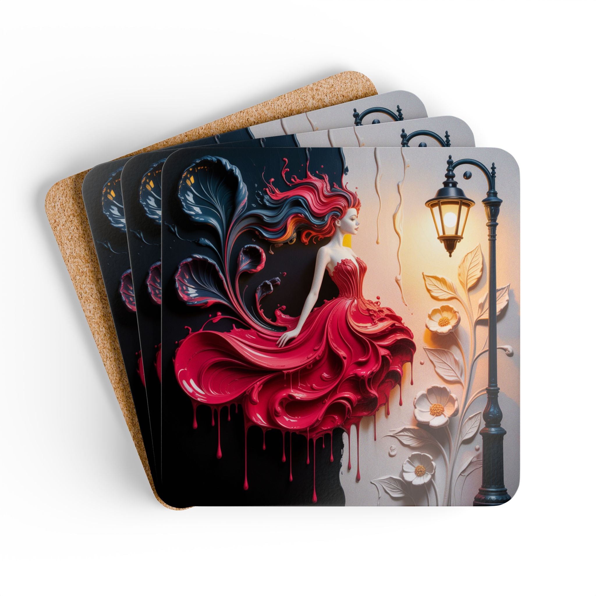 Art Nouveau Lady Cork Coaster Set — Elegant Red Dress Fantasy Drink Coasters