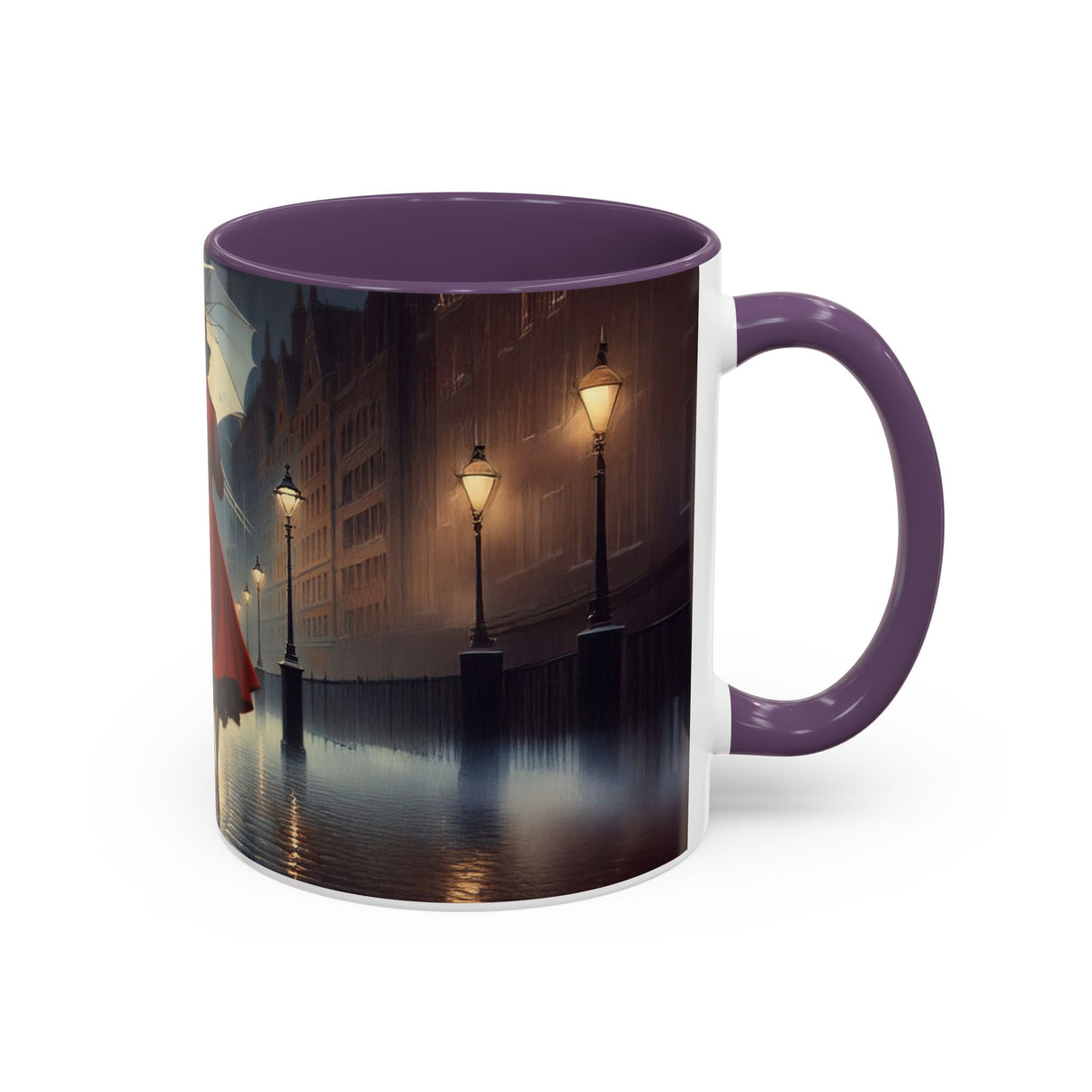 Elegant Red Dress Coffee Mug artfully designed with cityscape, a unique addition to your collection.