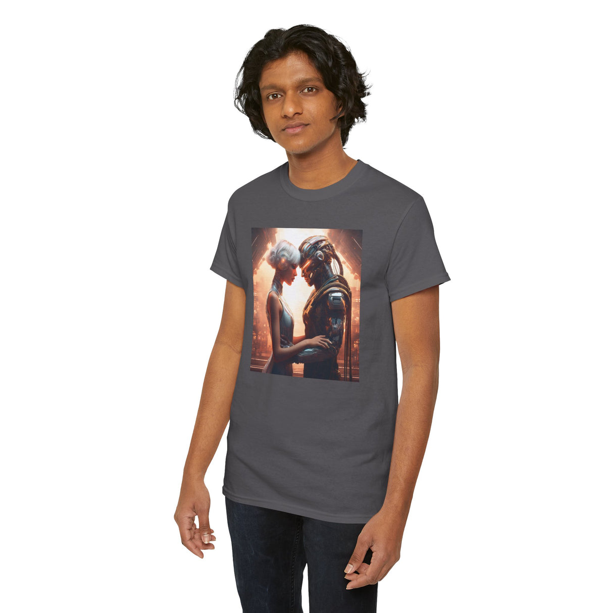 Romantic Sci-Fi Couple Tee — Futuristic Lovers Graphic T-Shirt presenting a unique blend of sci-fi aesthetics and casual fashion.